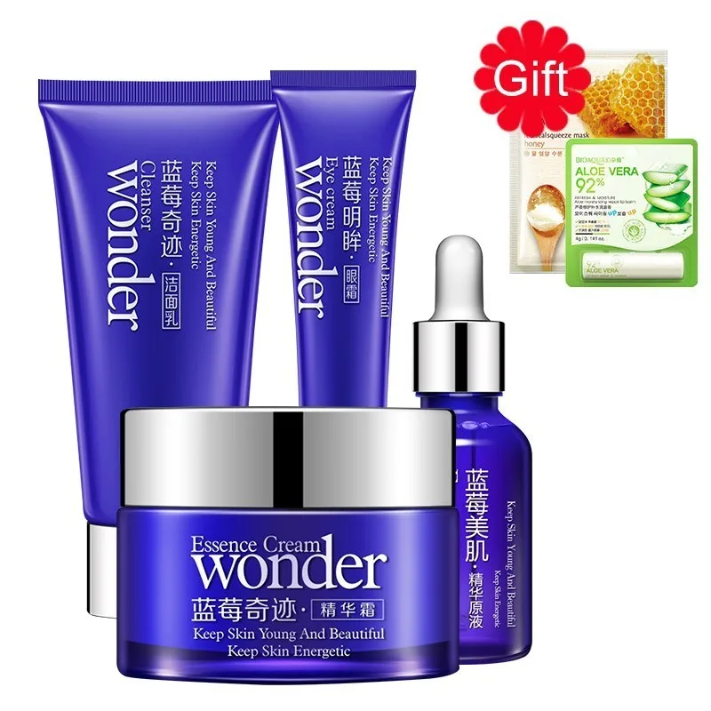 

BIOAQUA Blueberry Wonder Face Care Set Moisturizing Eye Cream Face Serum Liquid Facial Cleanser + Lip Balm Face Mask 2 Gifts