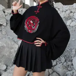 Harajuku китайский стиль вышивка Свитер Дракон костюм с длинными рукавами короткие для женщин пуловеры для