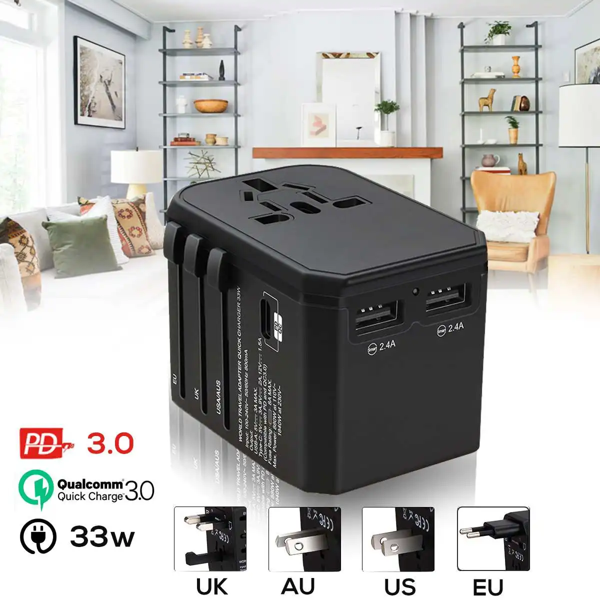 

33W Quick Charge Universal Travel Adapter PD/QC 3.0/FCP/AFC USB Type C Sockets Worldwide Wall Charger for US/UK/AU/EU Plug