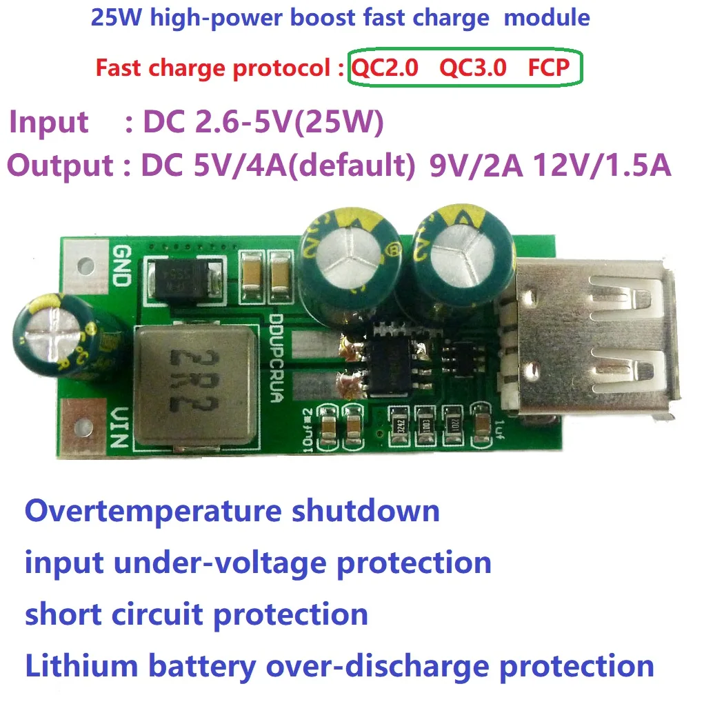 

20W QC3.0 2.0 FCP Fast Quick Charger 3.7V 3.8V 4.2V 4.5V to 5V 9V 12V USB DC-DC Boost Module Smart Phone PAD Charging