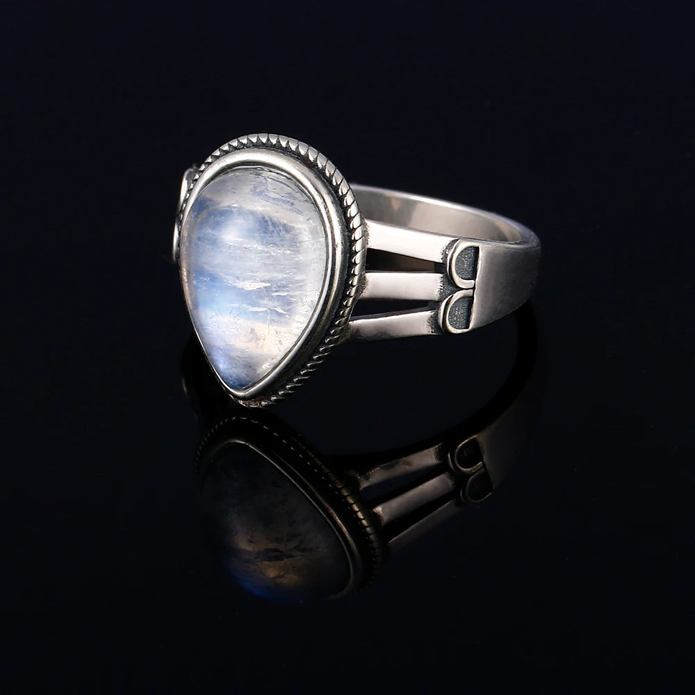 Новое поступление, 9X13, женские свадебные кольца в форме груши, настоящий лунный камень, 925 серебряные ювелирные изделия, полые дизайнерские модные кольца, ювелирных изделий