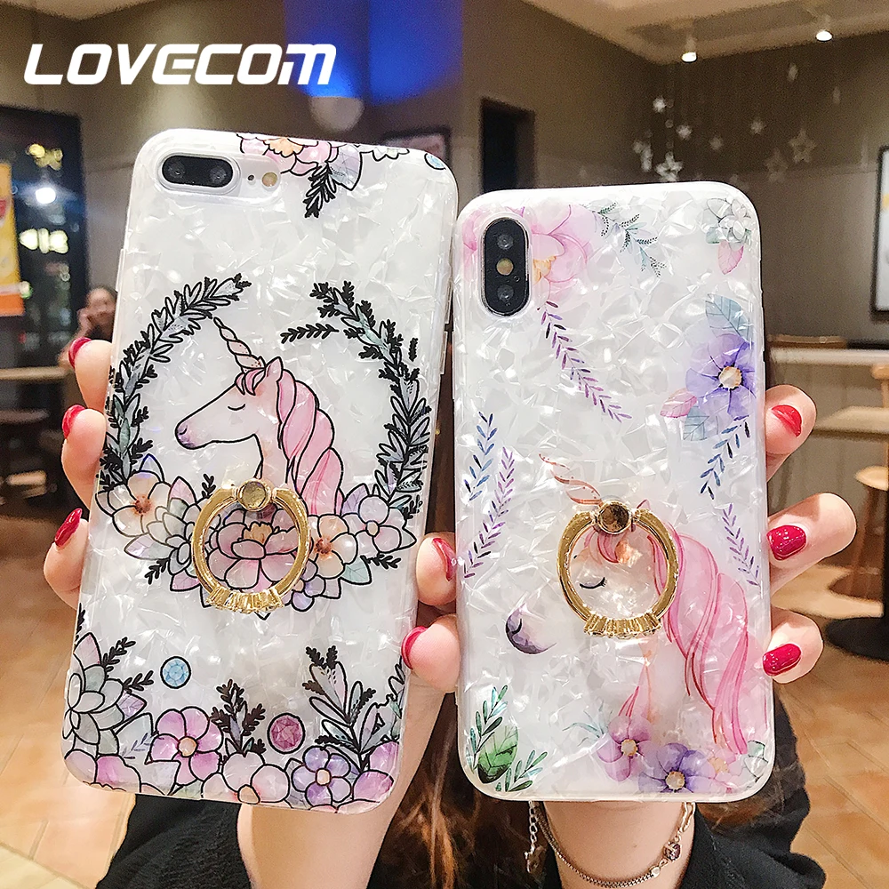 

LOVECOM Cute Cartoon Horse +Floral Case Ring Kickstand Holder Shel lFor iPhone X XS XS Max XR 6S 7 8 Plus Phone Protector Cover
