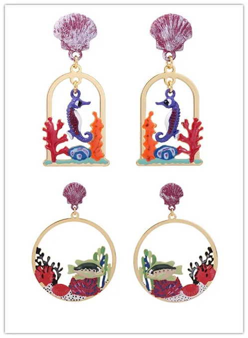 

Free shipping Enamel glaze Coral sea horse earrings ear
