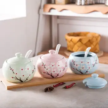 

3pcs Flower Porcelain Condiment Container Pottery Cruet Pot Spice Jar with Serving Spoon Tray Lids for Sugar Coffee Seasoning