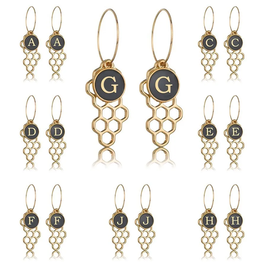 

Women Trend A-Z Lettering Drop Earrings Honeycomb Hexagon Trendy Jewelry Handmade Drop Earings Wedding Jewelry Gold Color