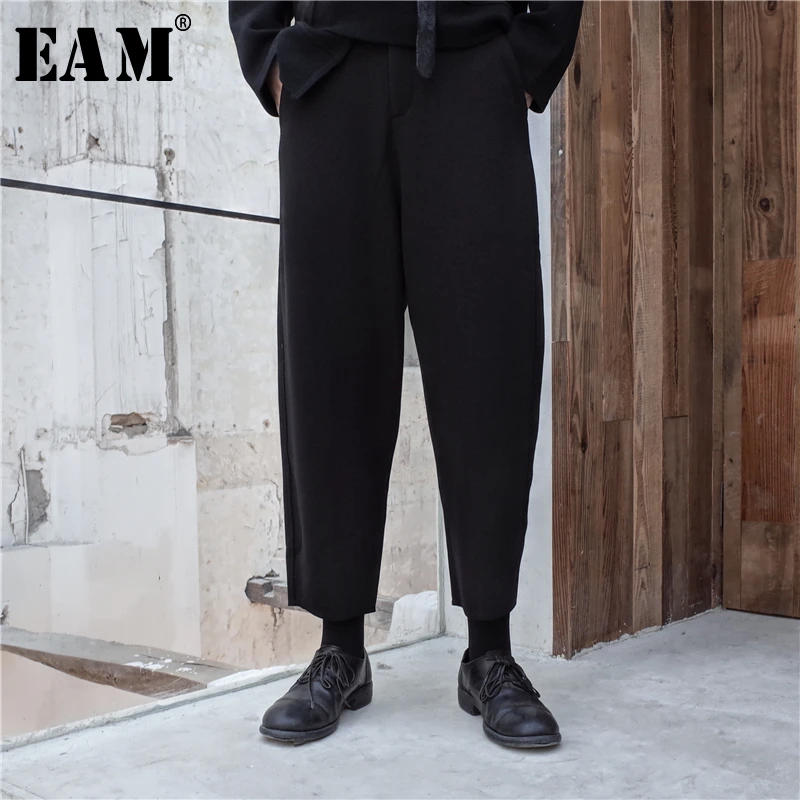 

[EAM] 2019 New Spring High Elastic Waist Black Loose Long Thick Leisure Pants Women Trousers Fashion Tide All-match JK798