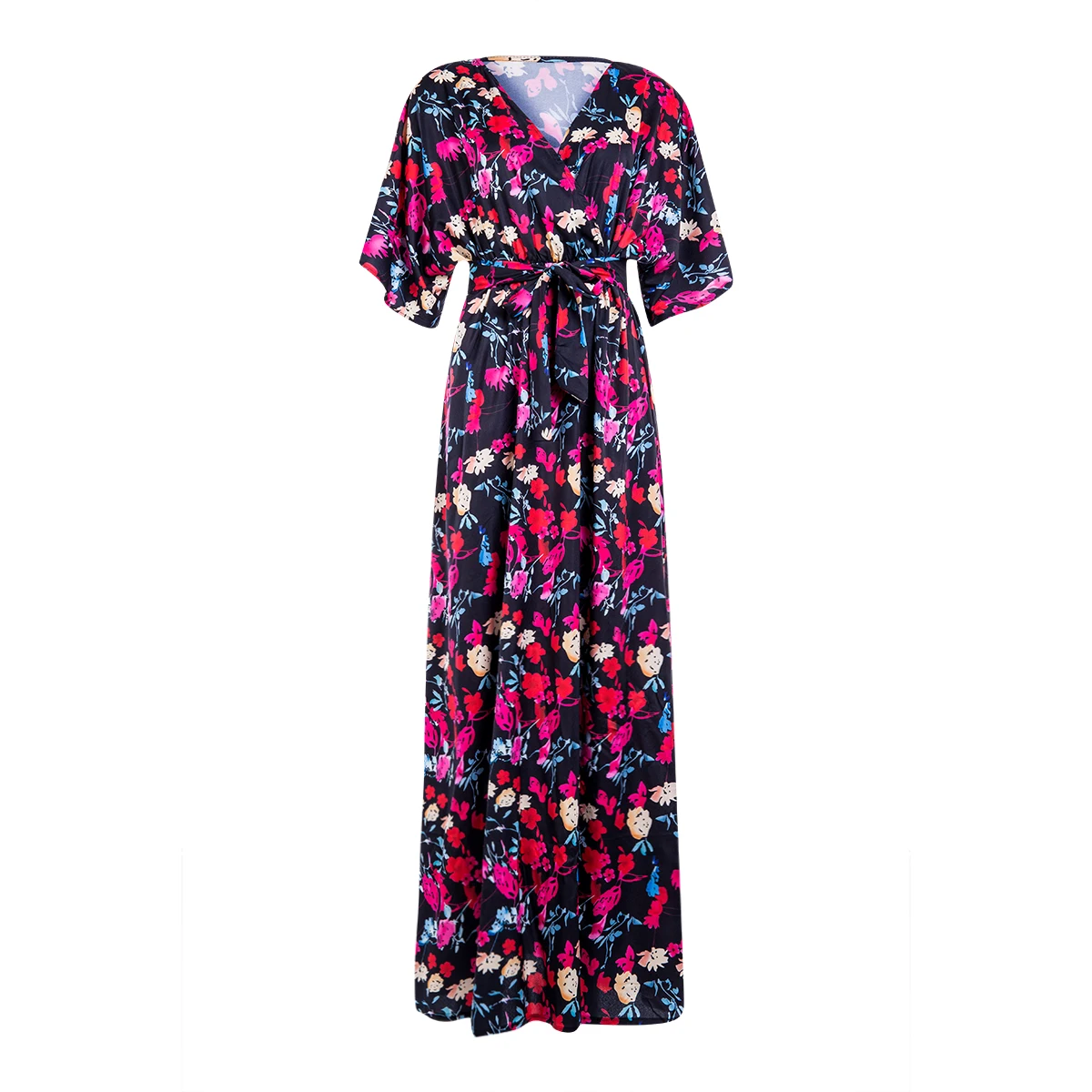 

Women's Summer Holiday Vintage Belt High Waist V-neck Loose Boho Floral Short Sleeve Long Maxi Dress Party Beach Sundress