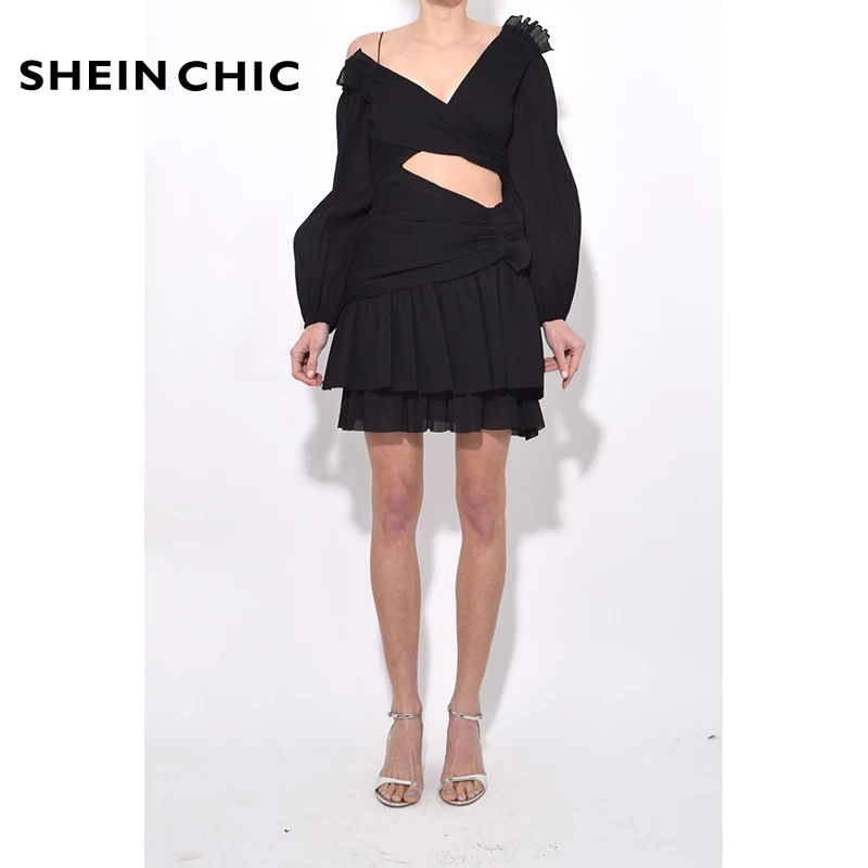 

Women Runway Designer 2019 Summer Dress Sexy V Neck One Shoulder Black Mini Dress Elegant Hollow Out Ruffles Vestidos Verano