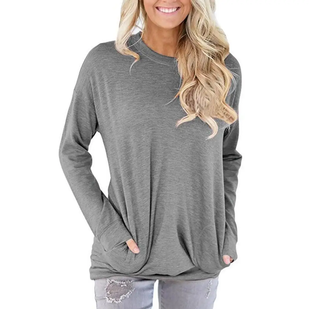 Woman Casual T-shirt Multi-color Solid Color Women Pockets Decor Loose Causal O-Neck Top Long Sleeve | Женская одежда