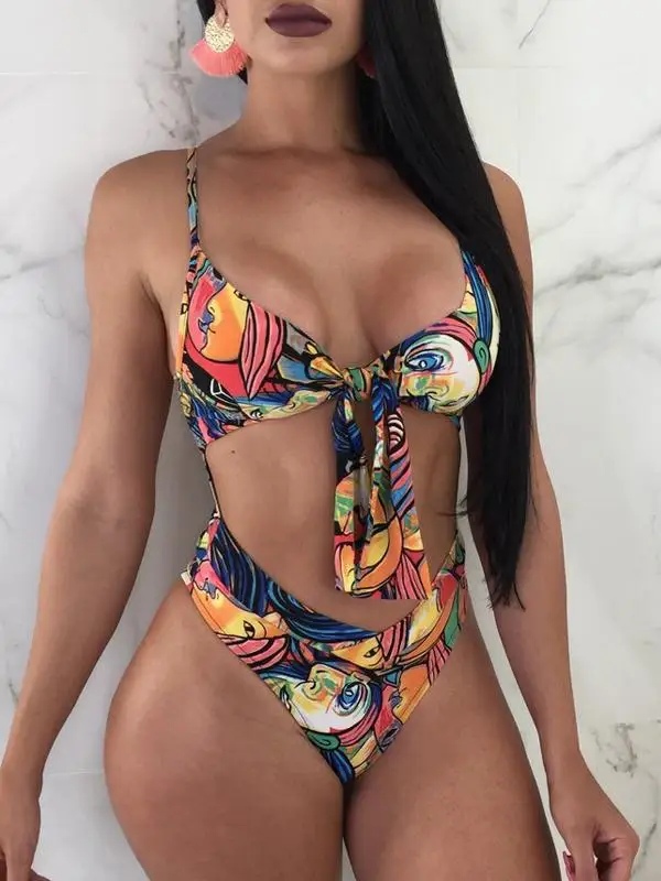 Women Sexy Swimwear Wire Free Padded Face Print Pattern Bikini Set