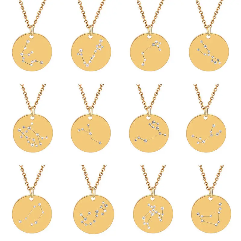 

Horoscope Astrology Zodiac Statement Necklace for Women Gothic Jewelry Gold 12 Constellations Necklace Round Charm Choker Gift