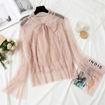 

New Women Gauze Perspective Blouse Shirt Female Full Sleeves Beading Top Ladies Shawl Collar Bowknot Suits & Cami 2pcs Set