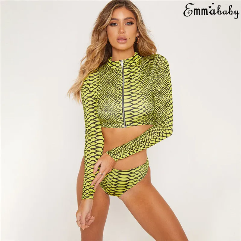 Trendy Women clothes Polyester casual Bandage Bikini Sets Padded Swimwear Snake Print Zipper Beach Swimsuit