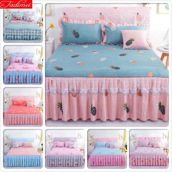 

Bed Sheets + 2 Pillowcase Kids Girl Bedspreads Single Twin Double Queen King Size Bed Skirt Double Lace Prin.cess Linen14