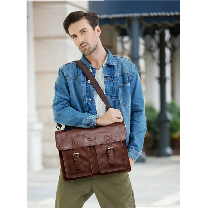 

Top Quality Men Bags Business 100% Genuine Leather Men's Laptop 14inch Man Vintage Crossbody Shoulder Handbag Male Messenger Bag