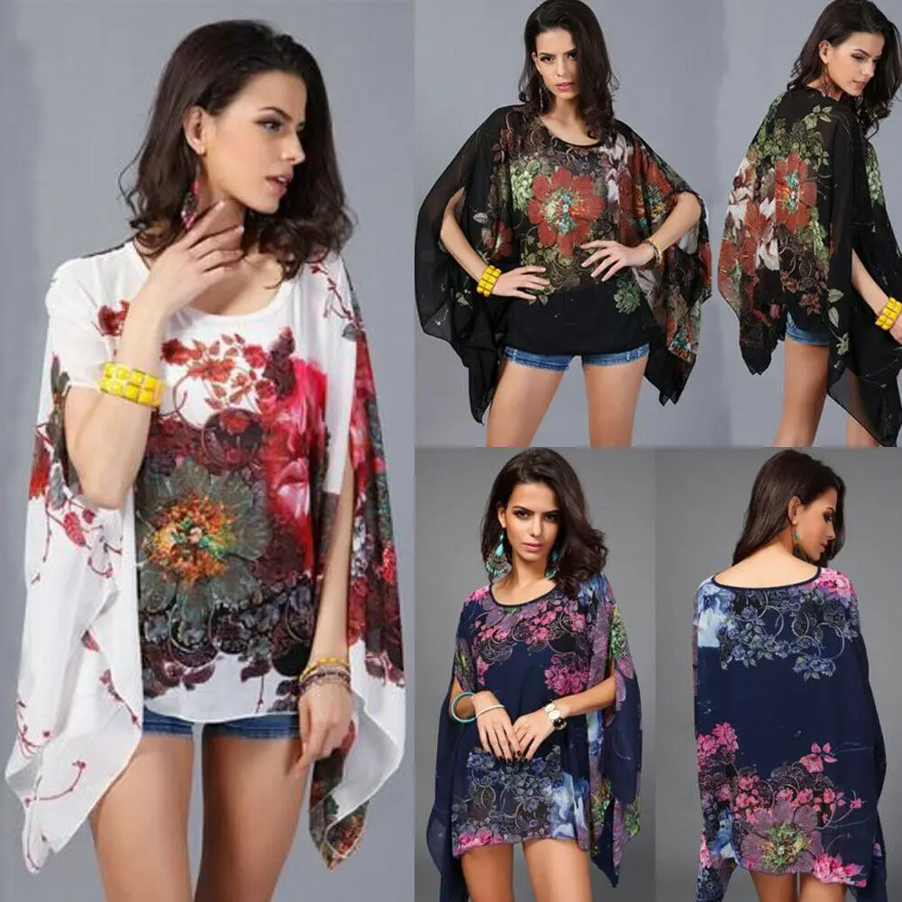 

Hirigin New Summer Women Sexy Batwing Sleeve Loose Chiffon Floral Print Blouse Tops Red Yellow Blue Black White