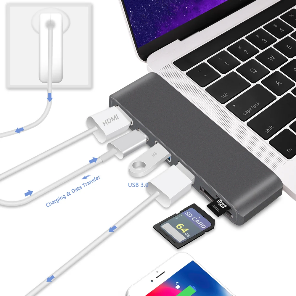 Redlai USB C Hub к HDMI 4K 2 3 0 PD SD/TF слот для кардридера адаптер MacBook Pro/Air 2018 2019 ноутбука Type