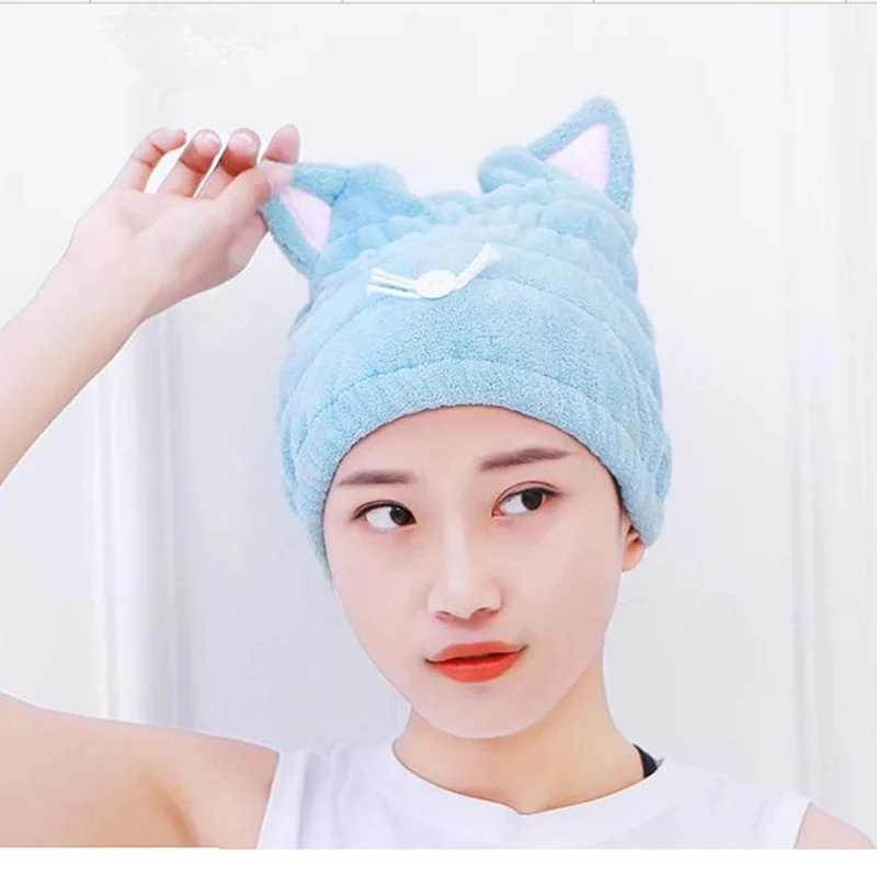 

Cute New Coral Cloth Soft Dry Hair Cap Wrapped Towels Soft Water Absorption Cat Ear Dry Hair Cap Nap Thick Women Shower Cap