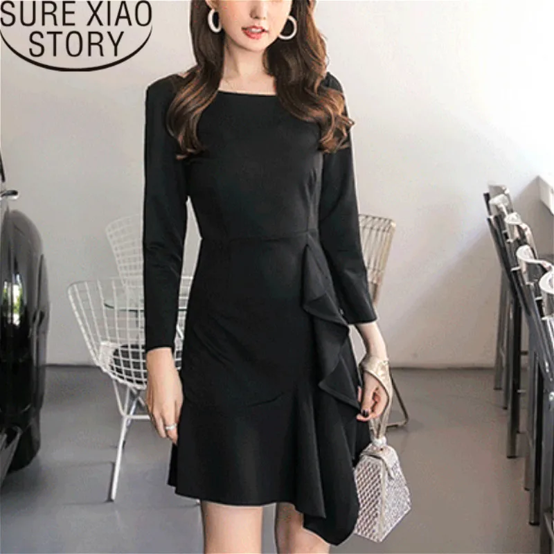 

women dresses 2019 long sleeve dress long Sexy Asymmetrical Solid Bow Empire slash neck black dress elegant 2482 50