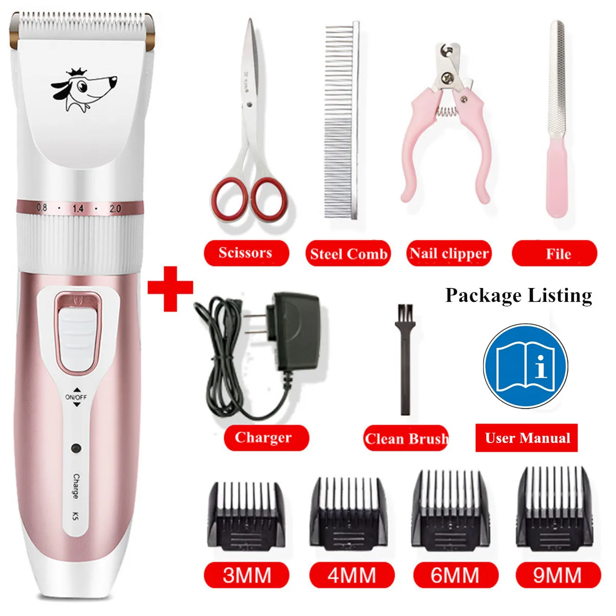 

Pet Dogs Cat Rechargeable Cordless Electric Hair Clipper Grooming Trimmer Kit 5-speed fine-turning Ultra-Quiet Cordless Design