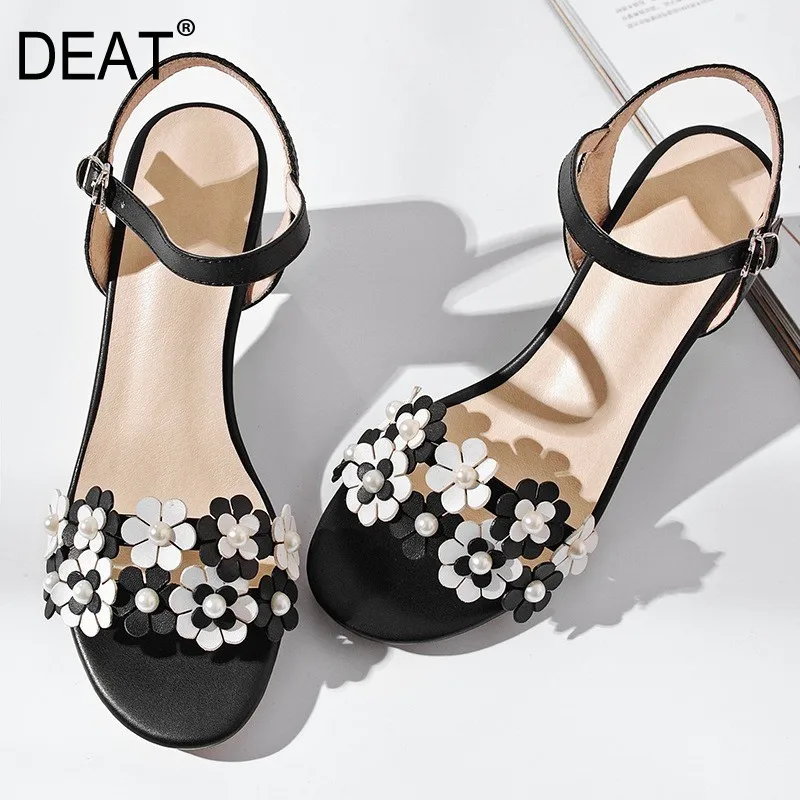 

[DEAT] 2019New Spring Summer Pu Leather Buckle Strap Flower Bead Simple High Heels Sandals Women 41 42 Size Fashion Tide 10SJ896
