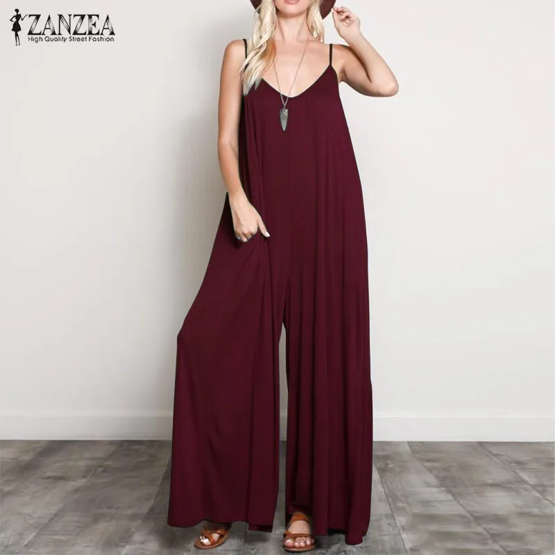 

2019 Plus Size ZANZEA Summer Women Solid Sleeveles Party Jumpsuits Sexy Deep V Neck Wide Leg Pants Rompers Playsuits Female 5XL