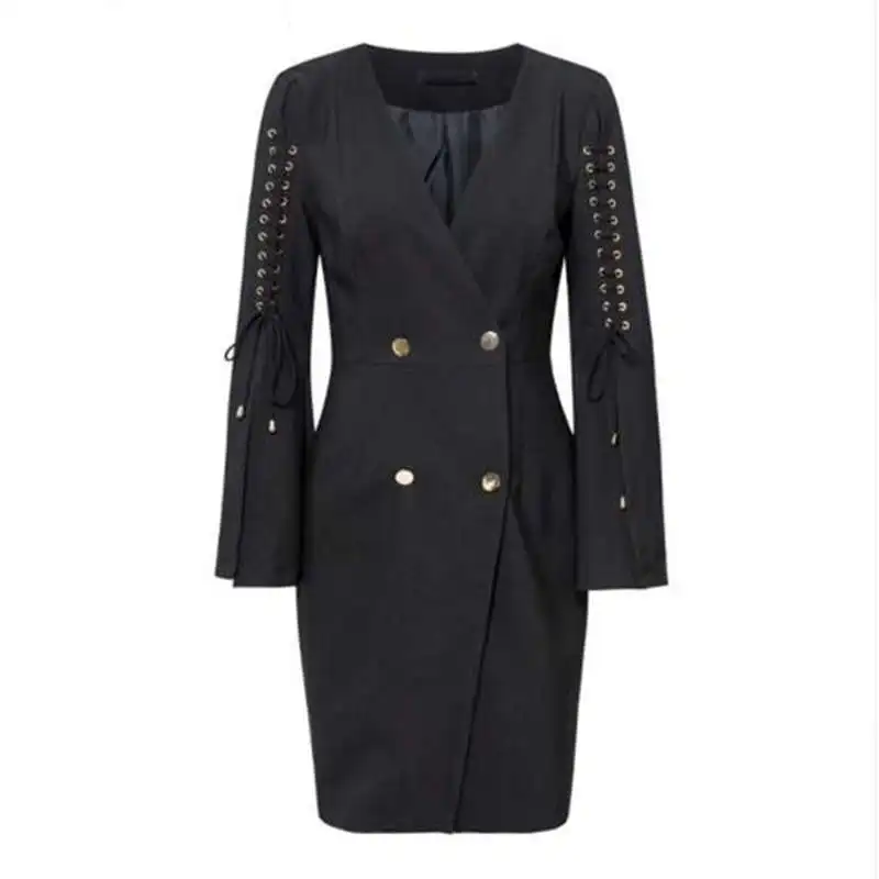 

Split Flare Sleeve Lace Up Blazer Dress Women Office Lady Short Black Dress Party 2019 Sexy Autumn Winter Dress Elegant #90