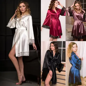 

Women Satin Robe Sexy Lace Nightgown Pajamas Sleepwear Kimono Babydoll Robes