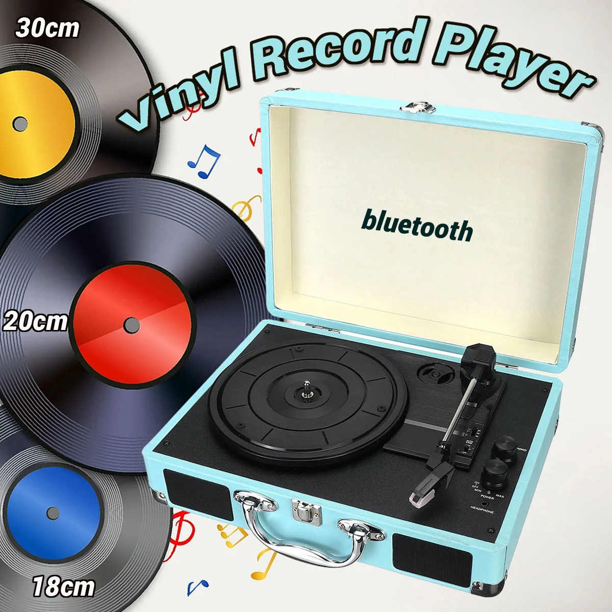 

Vintage Bluetooth Portable 33/45/78RPM Turntables Vinyl LP Record Phono Player Aux-in RCA Line-out Built-in Battery 100~240V