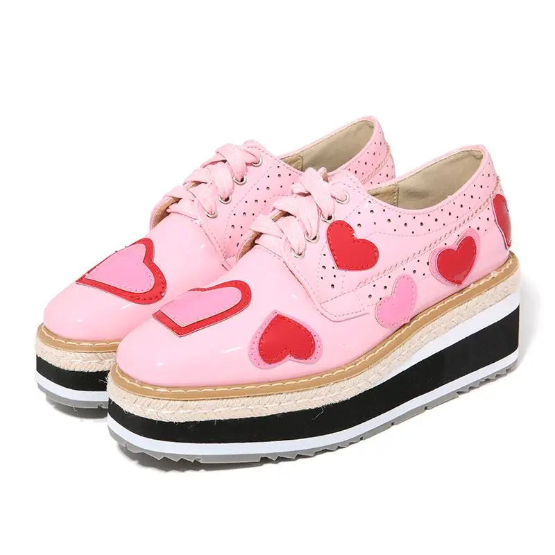 

NIS Women Wedges, Black/Pink Sweet Heart Shape Oxfords Platform Shoes, Ladies Cut-outs Patant Leather Brogue Casual Flat Shoes