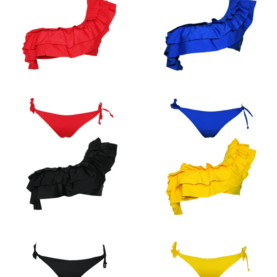 

Women's Sexy Summer Solid One Shoulder Ties bathing Beachwear Bikinis Sets Biquini Swimsuits Tankini swimwear New 2019