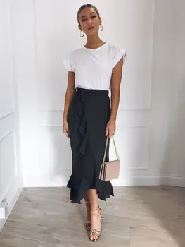 

US Women Leopard Print Wrap Over Aysmmetric Loose Skirt High Waist Midi Skirts
