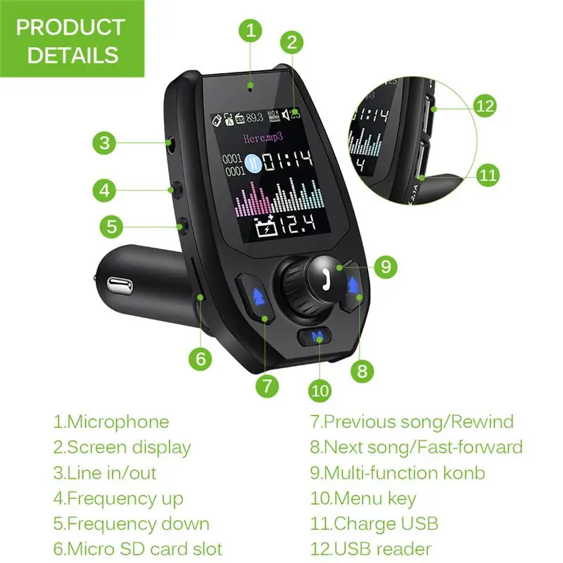 1 8 дюйма цветной экран автомобильное зарядное устройство комплект Bluetooth FM