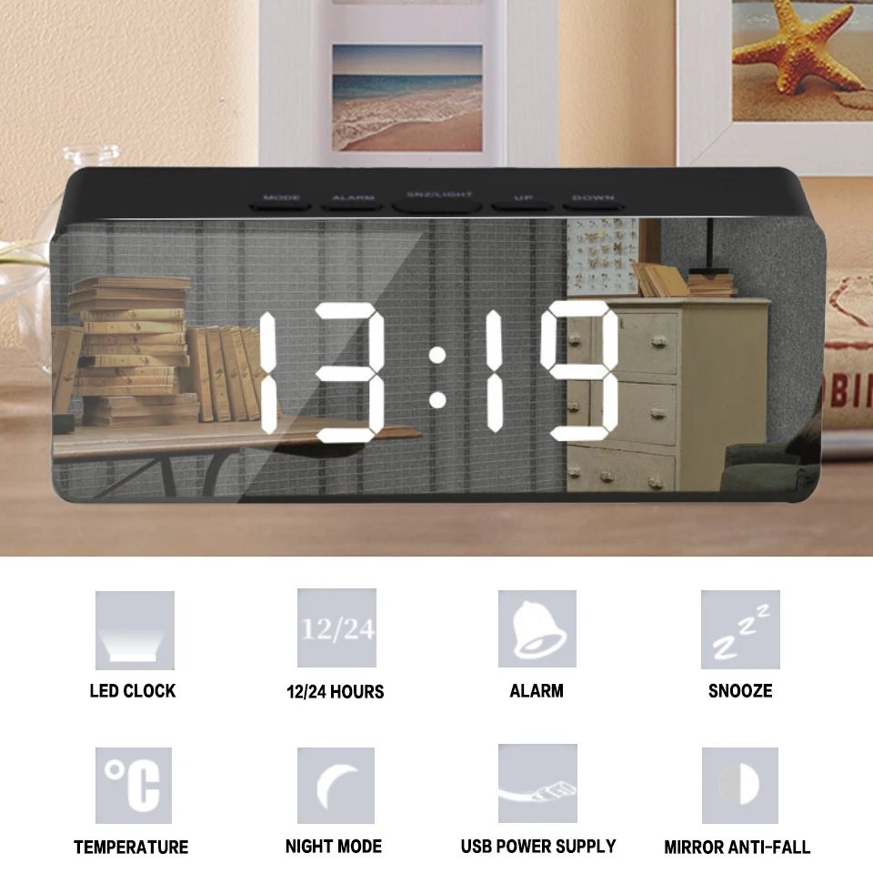 

Led Mirror Alarm Clock Digital Snooze Table Clock With Thermometer USB Rechargeable Large Electronic Display Multifunction