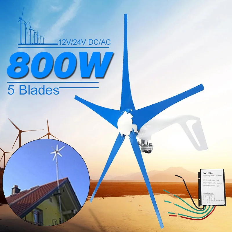 

800W 12/24V Wind for Turbine Generator Five Wind Blades OptionWind Controller Gift Fit for Home +Mounting accessories bag