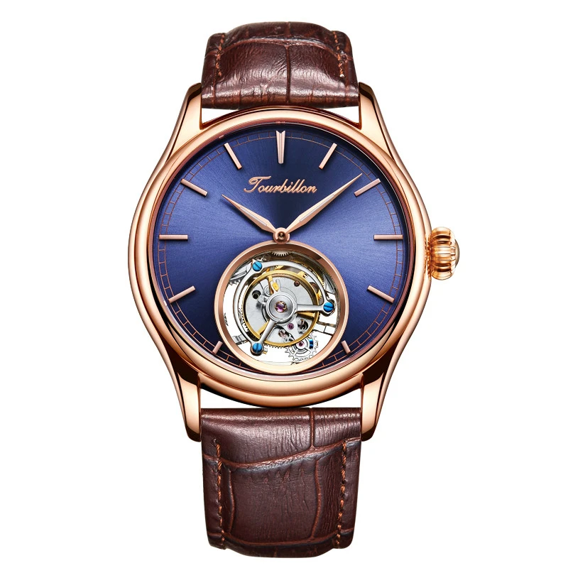 

Customized High End Business Tourbillon Mechanical Men Wrist Watches Blue Dial Mechanical Hand Wind Leather Mens Wristwatch