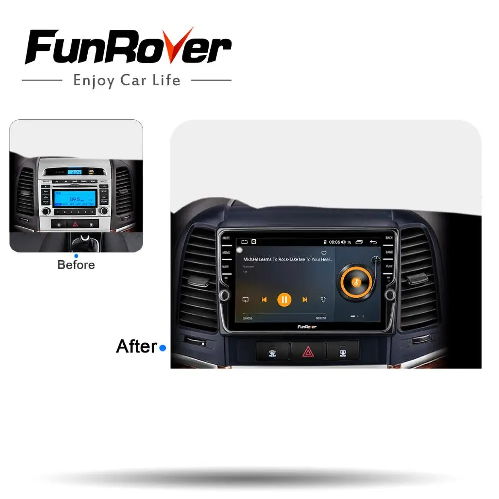 Автомобильный dvd-плеер Funrover 2 din android 9,0 для hyundai Santa Fe 2005 2006 2007 2008 2009 2010 2011 2012 радио gps навигация DSP