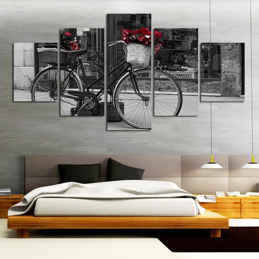 

HD Printed Painting Modular Canvas Home Decor 5 Pieces Black White Bicycle Wall Art Retro Poster Frame Modular Pictures .