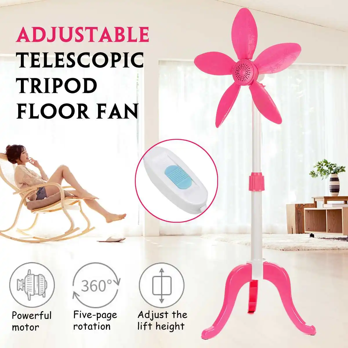 

Adjustable Telescopic Tripod Floor Fan Red Five-leaf Plane Diameter 41cm Household Electric Fan