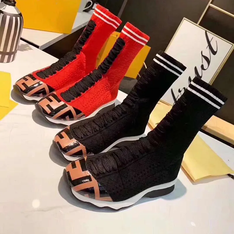 

New Women Sock Boots Fashion Spell Color Stretch Fabric Flat Casual Shoes Woman Wedges Ankle Boots Slip On Shoes Black /Red Boot