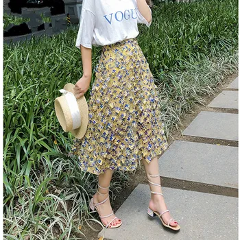 

Lychee Girls 3D Floral A-Line Chiffon Skirts Female Empire Waist Mid-Calf Skirts Summer Prairie Chic Women Skirt Bottoms