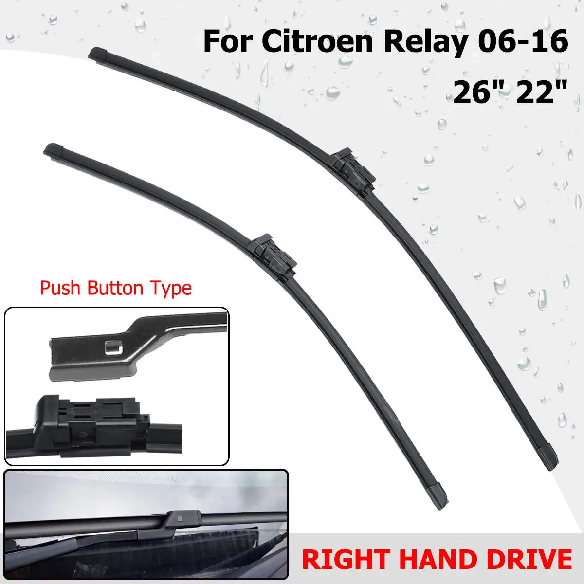 

2Pcs 26" + 22" Front Windscreen Wiper Blade For Citroen Relay 2006-2016 Push Button Fitment