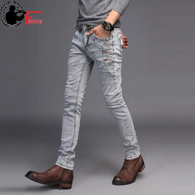 Jeans Men Young 2019 Fashion Trend Korean Style High Street Streetwear Skinny Slim Fit Button Denim Pant Male Trouser Black Blue