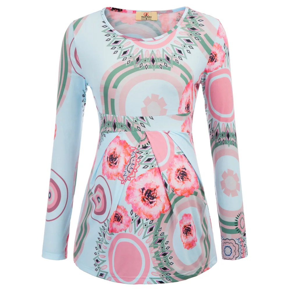 

Gk Women Maternity Floral Pattern Long Sleeve Crew Neck Pleated T-shirt Tops Vibrant Pattern Healthy Comfortable Women Shirt