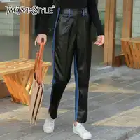 TWOTWINSTYLE Patchwork Denim PU Leather Trousers For Women High Waist Hit Colors Women's Pants Casual Fashion 2018 Spring Autumn
