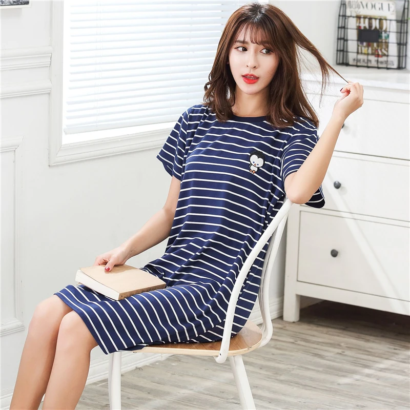

2019 Pajamas For Women Cotton Sleepwear Summer New Plus Size Female Sleeping Skirt Loose Stripe Pijama Mujer Sexy Home Clothes