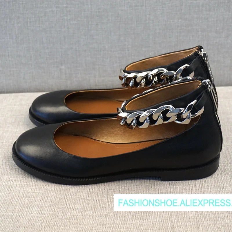 

2019 Hot Spring Autumn Casual Flats Shoes Woman Metal Chain Ankle Wrap Round Toe Flats Back Zip Design Woman Cozy Flats Tide