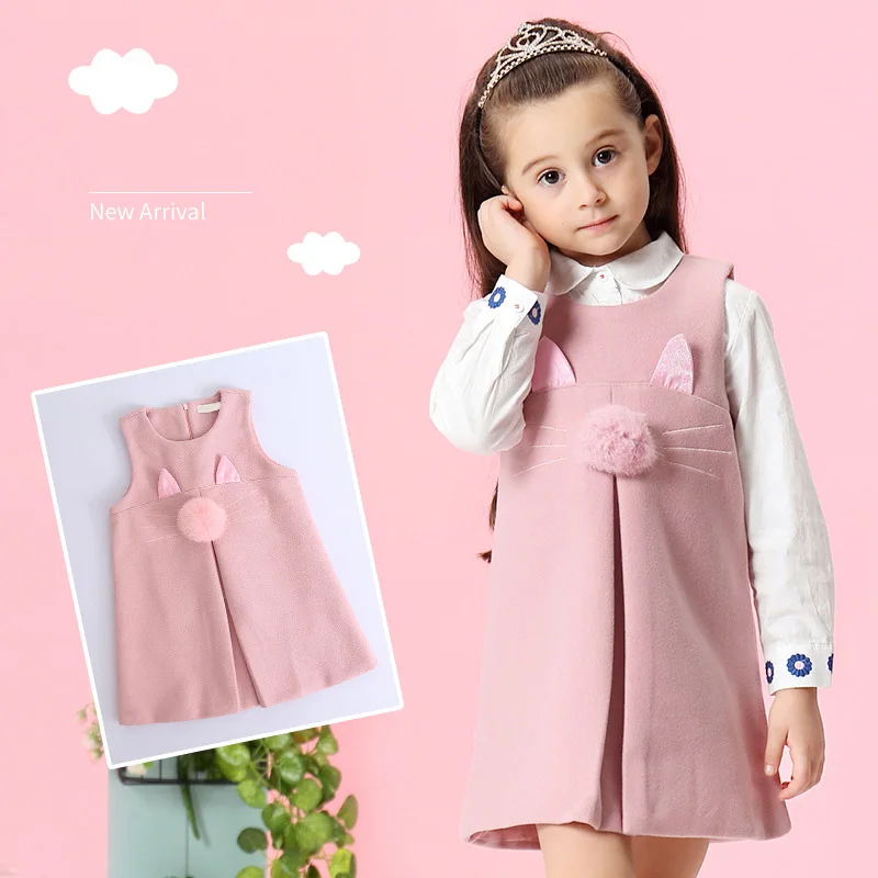 

Girls Dress 2019 New Autumn Casual Style Solid A-Line Sleeveless Rabbit Ears With Fur Ball Accessories KIds Dress 3-7Y