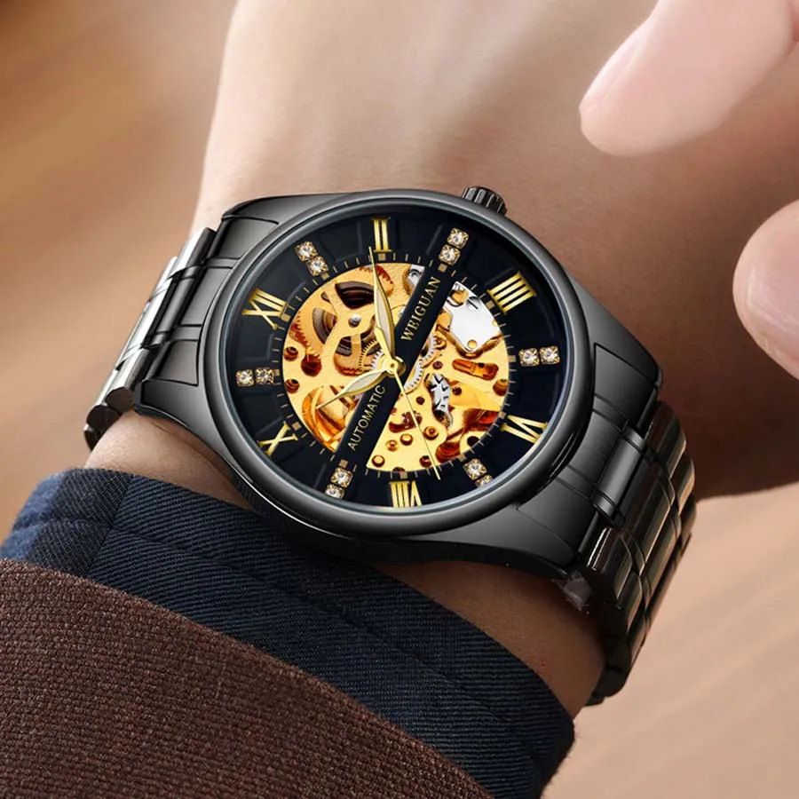 

New Fashion Mechanical Watch Men Skull Design Top Brand Luxury Golden Stainless Steel Strap Skeleton Man Auto Wrist Watch