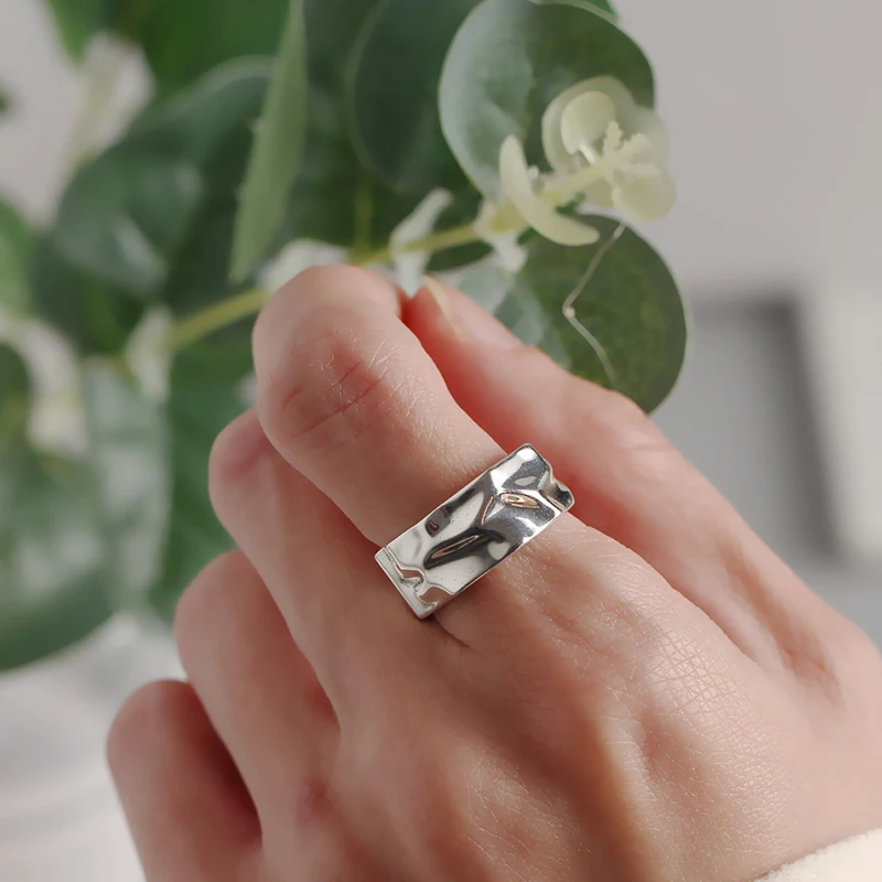 

925 Sterling Silver Texture Korean Character Irregular Concave-convex Glossy Ring Twisting Wide-faced Silver Ring Female F482